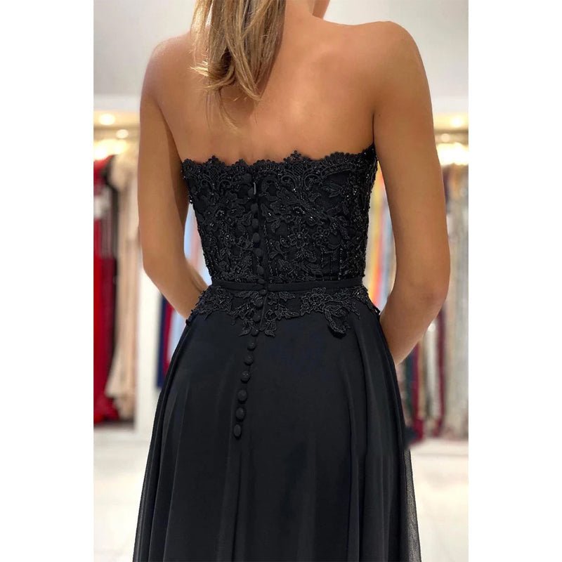 NumberSea - A - line Sweetheart Lace Appliques High Split Chiffon Black Formal Evening Dress