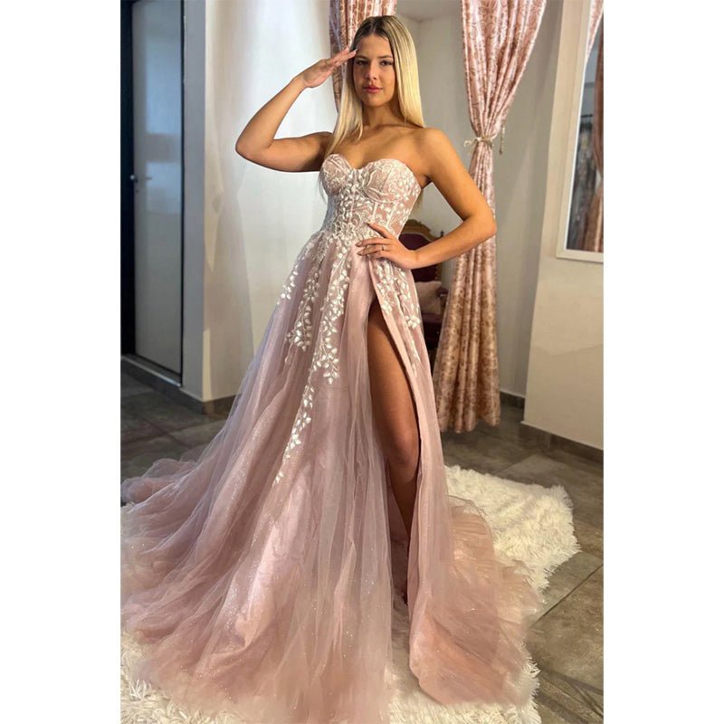 NumberSea - A - line Sweetheart Lace Appliques Pink Long Prom Dress