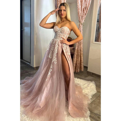 NumberSea - A - line Sweetheart Lace Appliques Pink Long Prom Dress