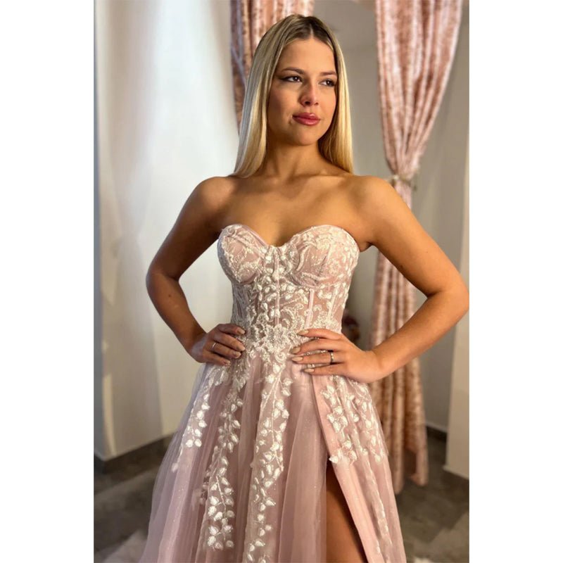 NumberSea - A - line Sweetheart Lace Appliques Pink Long Prom Dress