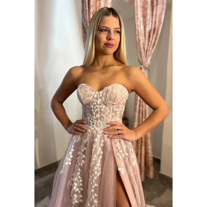 NumberSea - A - line Sweetheart Lace Appliques Pink Long Prom Dress