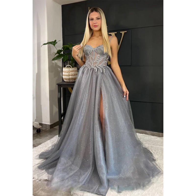 NumberSea - A - line Sweetheart Lace Appliques Silver Long Prom Dress with Slit