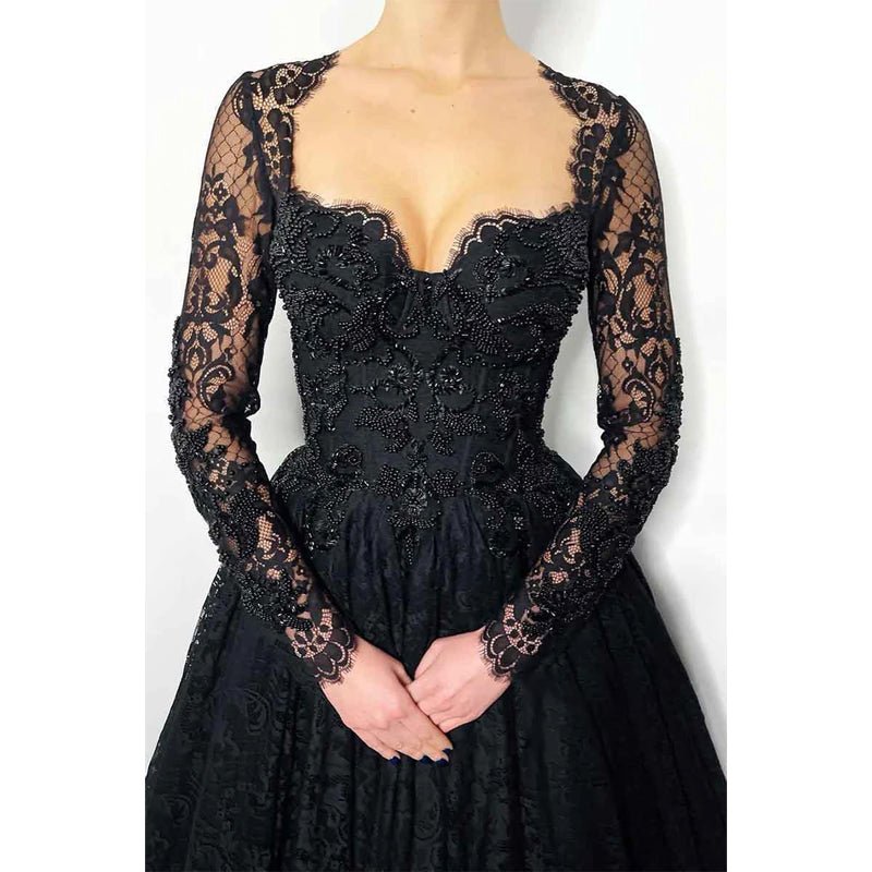 NumberSea - A Line Sweetheart Lace Long Sleeves Beads Black Elegant Formal Evening Dress