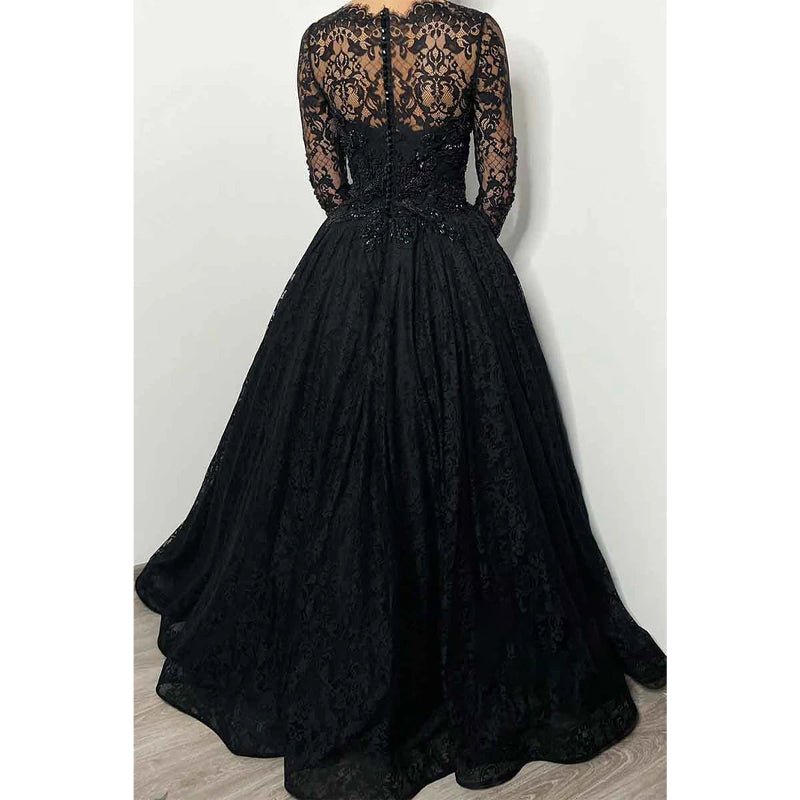 NumberSea - A Line Sweetheart Lace Long Sleeves Beads Black Elegant Formal Evening Dress