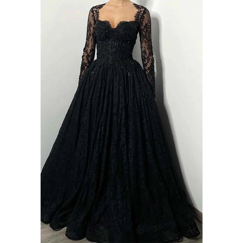 NumberSea - A Line Sweetheart Lace Long Sleeves Beads Black Elegant Formal Evening Dress