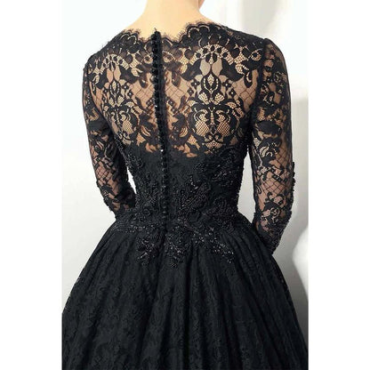 NumberSea - A Line Sweetheart Lace Long Sleeves Beads Black Elegant Formal Evening Dress