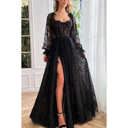 NumberSea - A - line Sweetheart Long Sleeves Lace Vintage Prom Dress with Slit