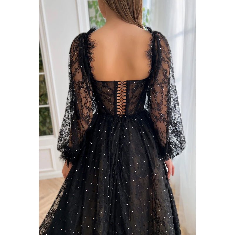 NumberSea - A - line Sweetheart Long Sleeves Lace Vintage Prom Dress with Slit