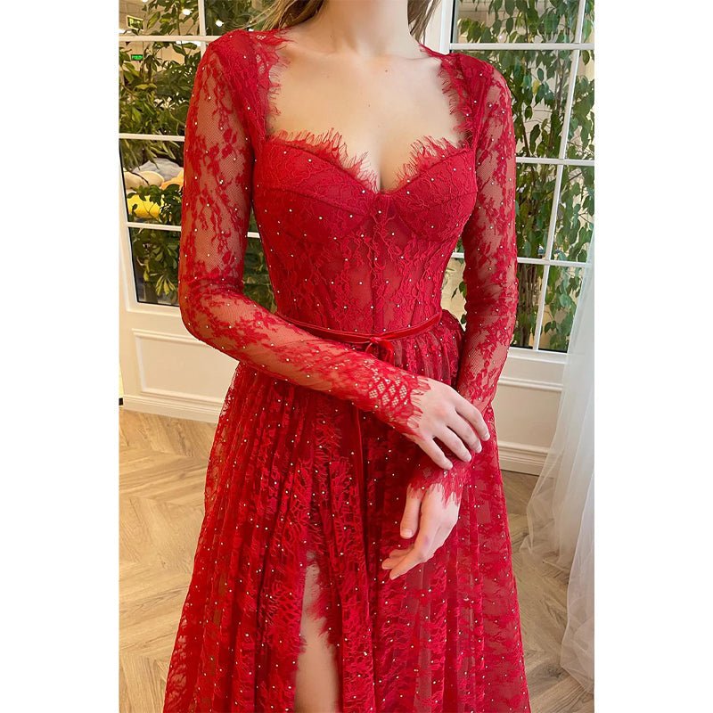 NumberSea - A - line Sweetheart Long Sleeves Red Lace Long Prom Dress