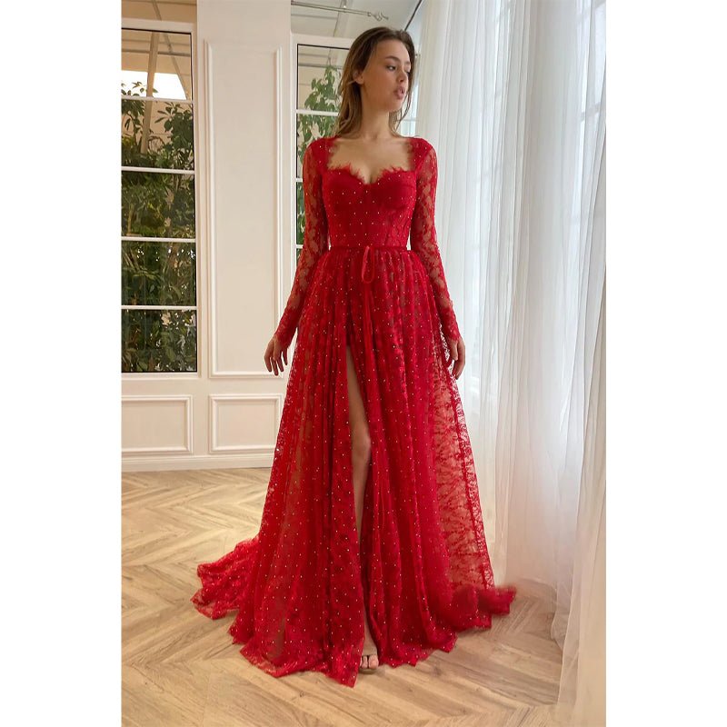 NumberSea - A - line Sweetheart Long Sleeves Red Lace Long Prom Dress