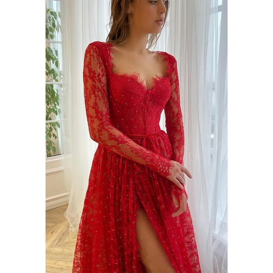 NumberSea - A - line Sweetheart Long Sleeves Red Lace Long Prom Dress