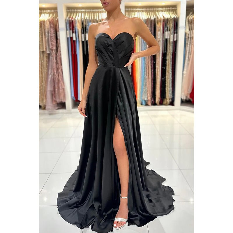 NumberSea - A Line Sweetheart Pleats Side Slit Black Long Formal Evening Gowns