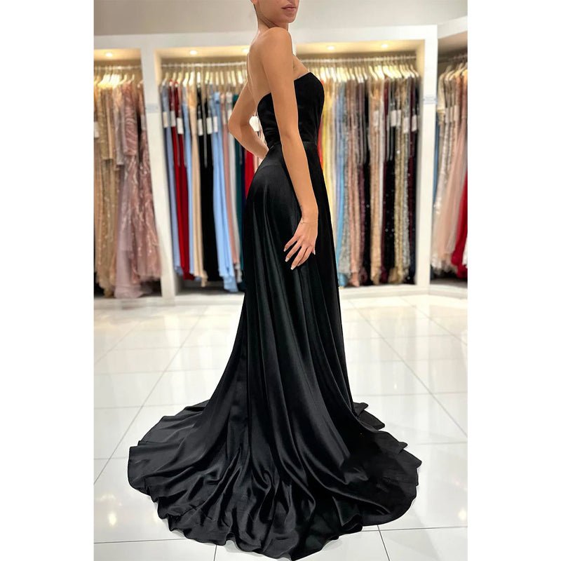 NumberSea - A Line Sweetheart Pleats Side Slit Black Long Formal Evening Gowns