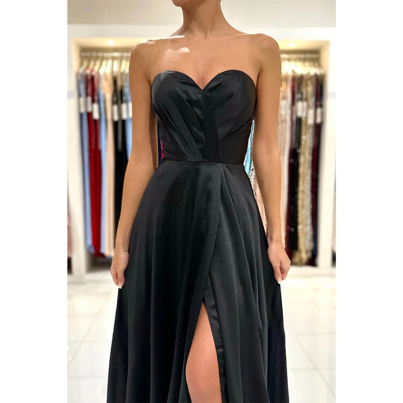 NumberSea - A Line Sweetheart Pleats Side Slit Black Long Formal Evening Gowns