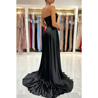 NumberSea - A Line Sweetheart Pleats Side Slit Black Long Formal Evening Gowns