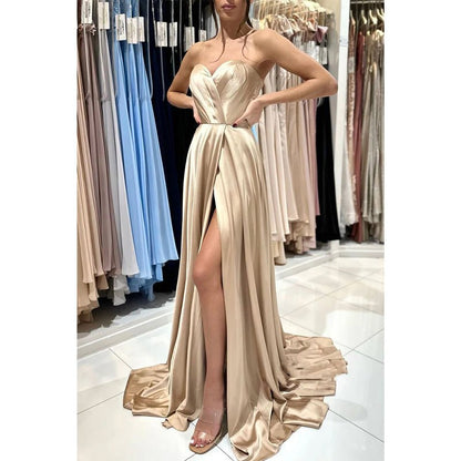 NumberSea - A Line Sweetheart Pleats Side Slit Long Prom Formal Dress