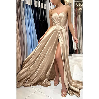 NumberSea - A Line Sweetheart Pleats Side Slit Long Prom Formal Dress