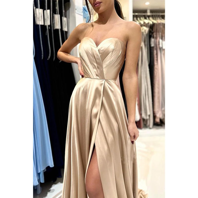 NumberSea - A Line Sweetheart Pleats Side Slit Long Prom Formal Dress