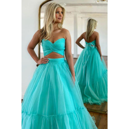 NumberSea - A Line Sweetheart Pleats Two Piece Prom Dress Long Homecoming Dress