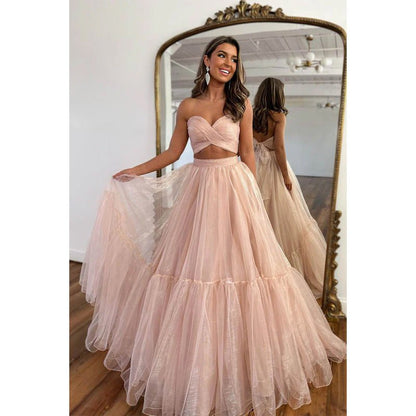 NumberSea - A Line Sweetheart Pleats Two Piece Prom Dress Long Homecoming Dress