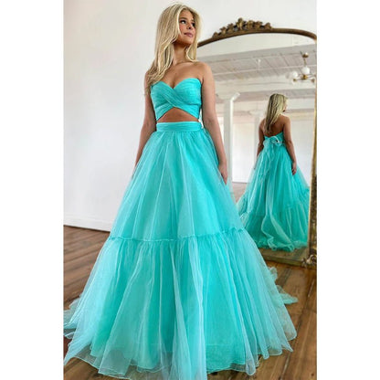 NumberSea - A Line Sweetheart Pleats Two Piece Prom Dress Long Homecoming Dress