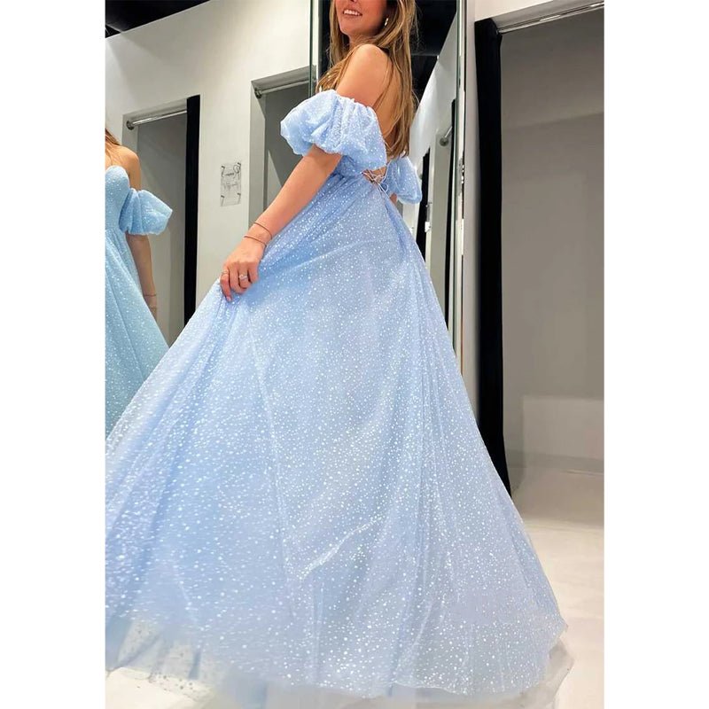 NumberSea - A - line Sweetheart Puff Sleeves with Side Slit Party Prom Evening Dress