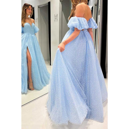 NumberSea - A - line Sweetheart Puff Sleeves with Side Slit Party Prom Evening Dress