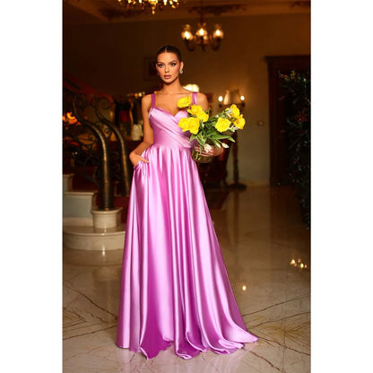 NumberSea - A Line Sweetheart Satin Pleated Long Prom Formal Dress with Pockets