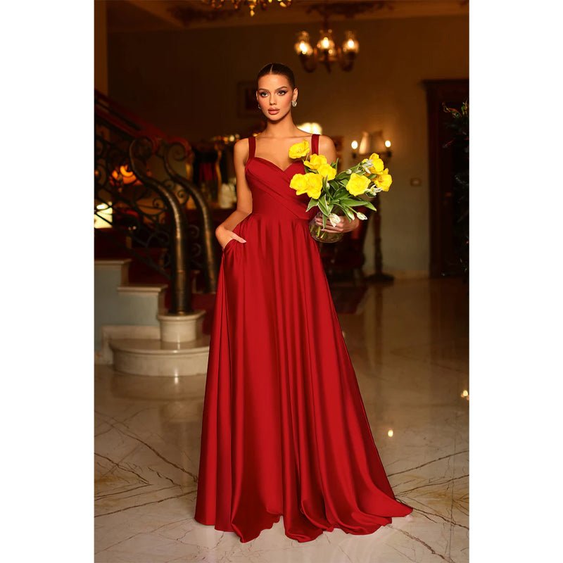 NumberSea - A Line Sweetheart Satin Pleated Long Prom Formal Dress with Pockets