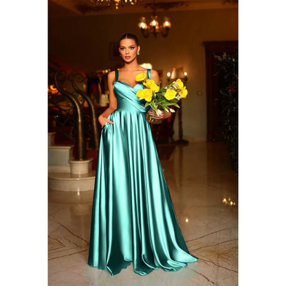 NumberSea - A Line Sweetheart Satin Pleated Long Prom Formal Dress with Pockets