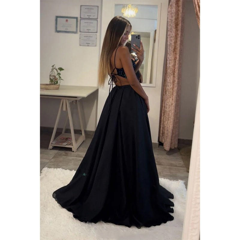 NumberSea - A - line Sweetheart Sequined Top Long Sparkly Prom Dress with Slit