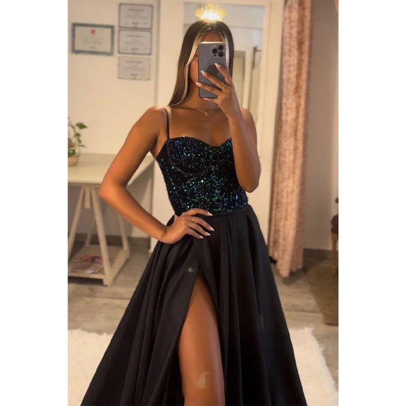 NumberSea - A - line Sweetheart Sequined Top Long Sparkly Prom Dress with Slit