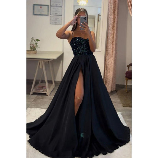 NumberSea - A - line Sweetheart Sequined Top Long Sparkly Prom Dress with Slit