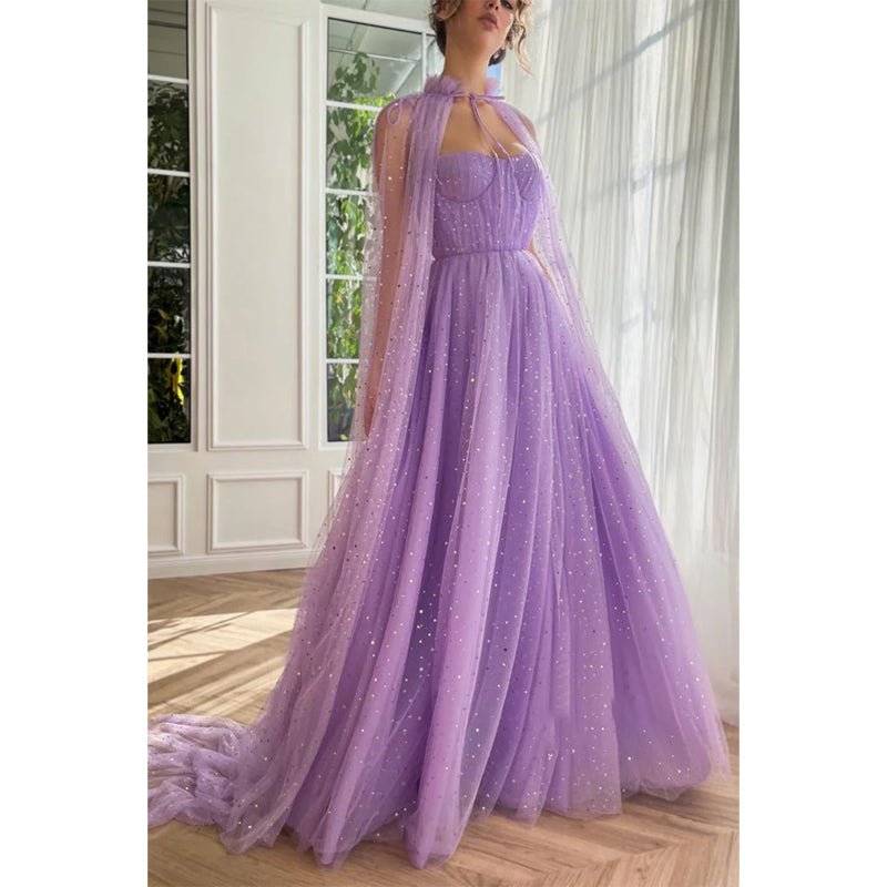 NumberSea - A Line Sweetheart Shawl Lilac Long Prom Dress with Pockets