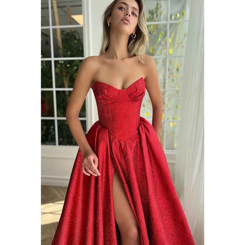 NumberSea - A Line Sweetheart Side Slit Red Long Prom Party Dress with Pockets