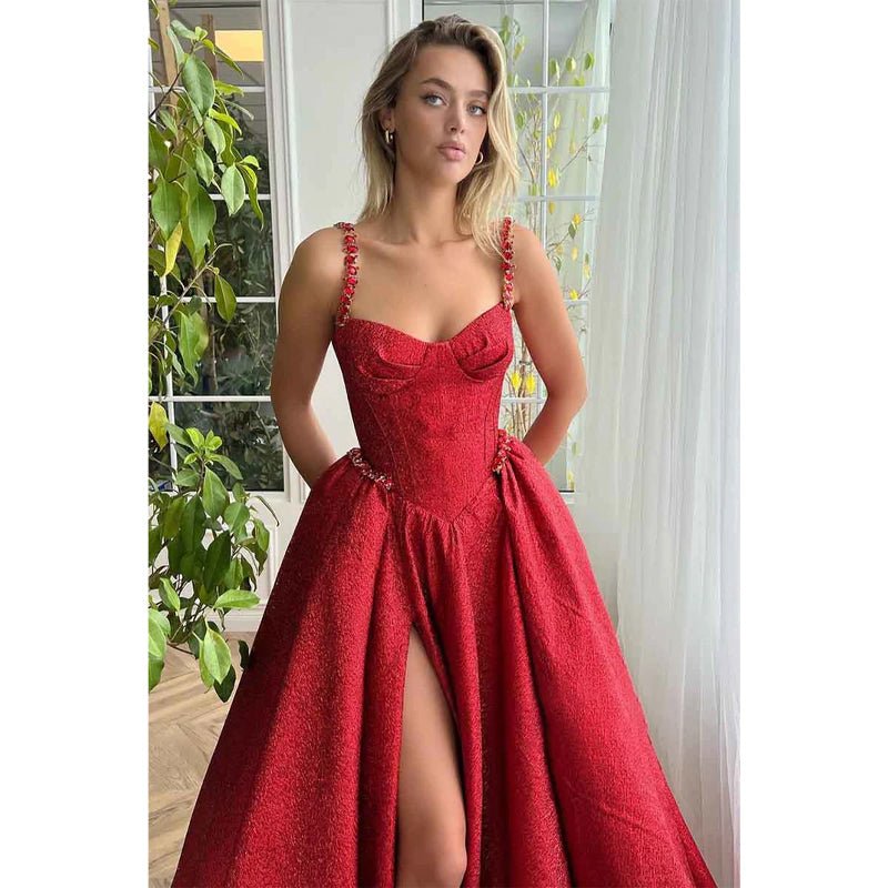 NumberSea - A Line Sweetheart Side Slit Red Long Prom Party Dress with Pockets