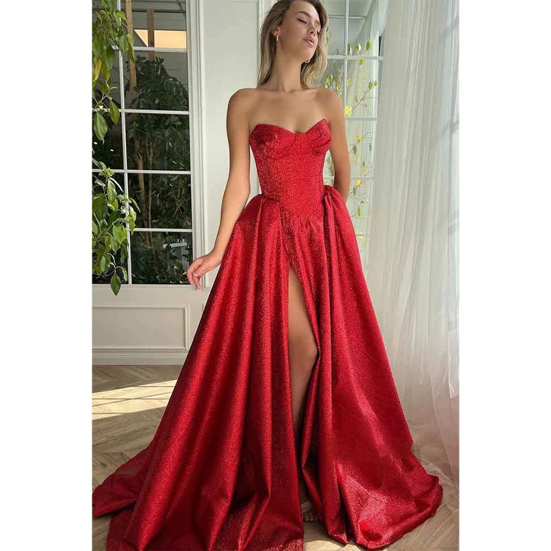 NumberSea - A Line Sweetheart Side Slit Red Long Prom Party Dress with Pockets