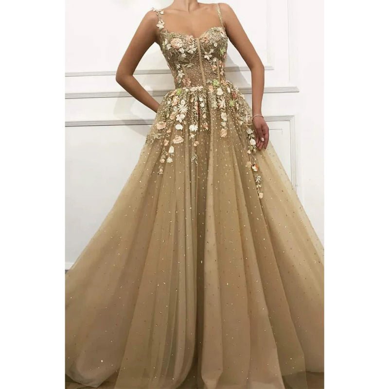 NumberSea - A - line Sweetheart Sparkle Tulle Appliques Long Prom Dress Formal Evening Gowns