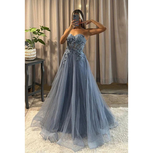 NumberSea - A - Line Sweetheart Tulle Appliques Sleeveless Prom Dress