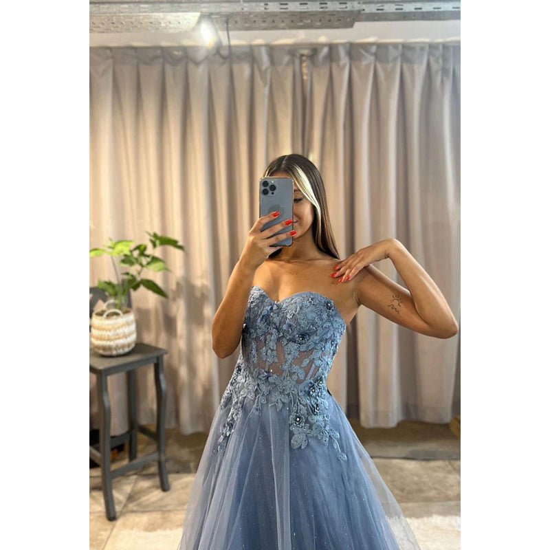 NumberSea - A - Line Sweetheart Tulle Appliques Sleeveless Prom Dress