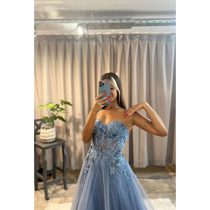 NumberSea - A - Line Sweetheart Tulle Appliques Sleeveless Prom Evening Formal Dress