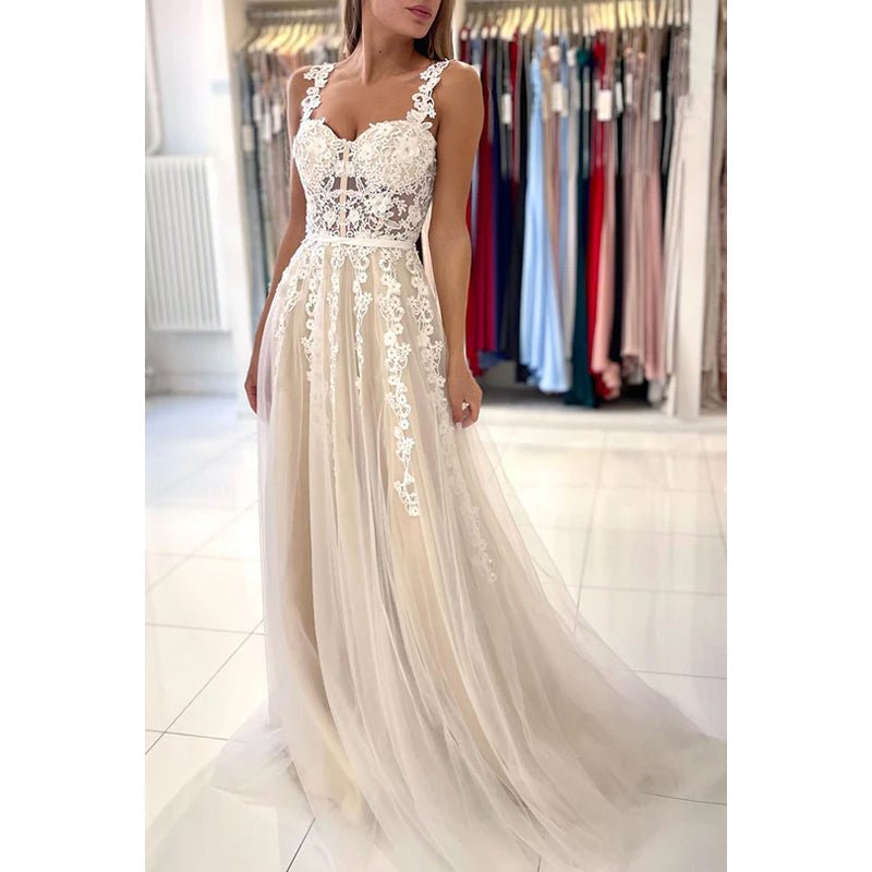 NumberSea - A - Line Sweetheart Tulle Appliques Sleeveless Prom Evening Formal Dress