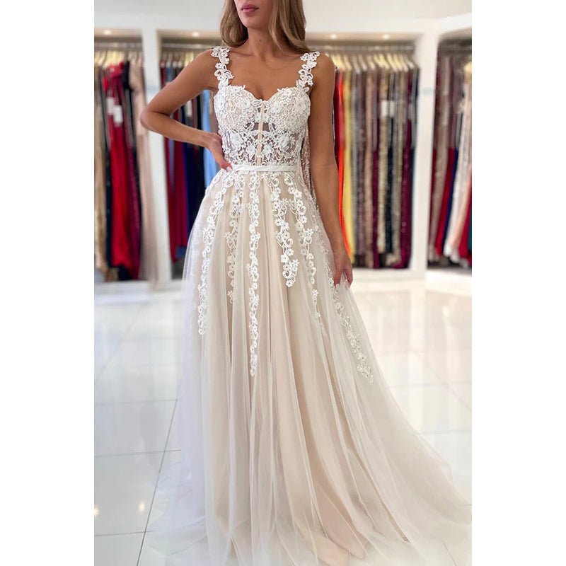 NumberSea - A - Line Sweetheart Tulle Appliques Sleeveless Prom Evening Formal Dress