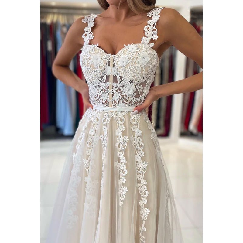 NumberSea - A - Line Sweetheart Tulle Appliques Sleeveless Prom Evening Formal Dress