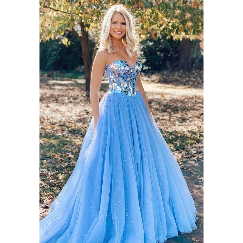 NumberSea - A - Line Sweetheart Tulle Beaded Sleeveless Prom Evening Formal Dress