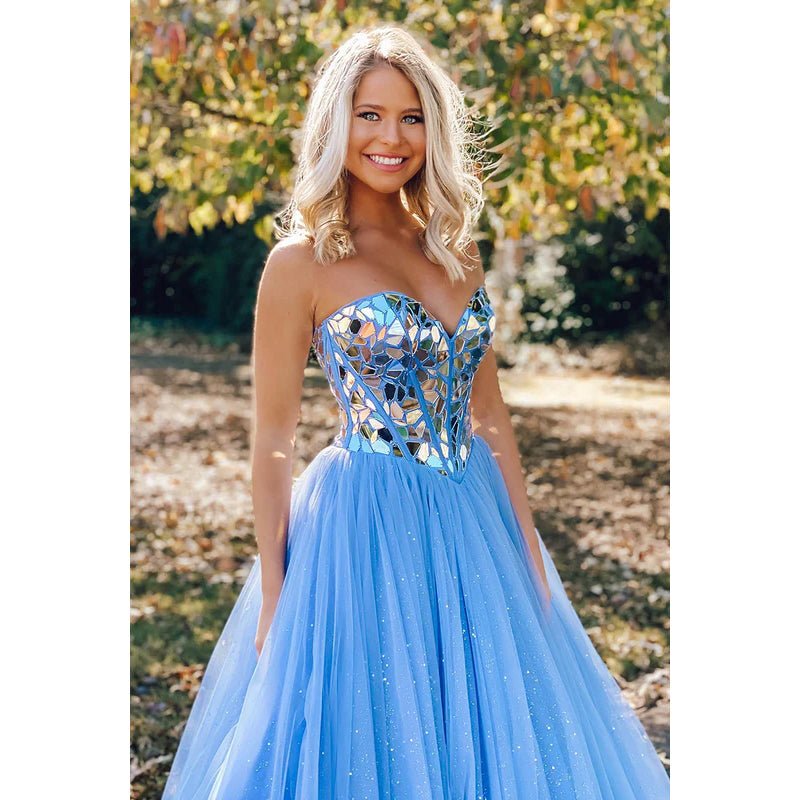 NumberSea - A - Line Sweetheart Tulle Beaded Sleeveless Prom Evening Formal Dress