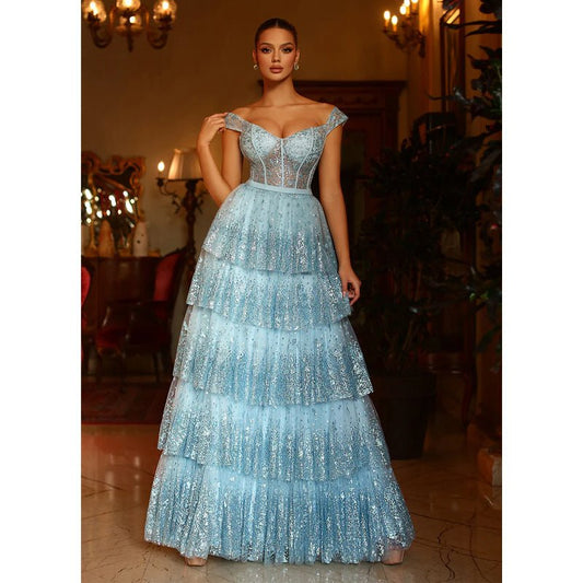 NumberSea - A Line Sweetheart Tulle Tiered Long Prom Formal Dresses