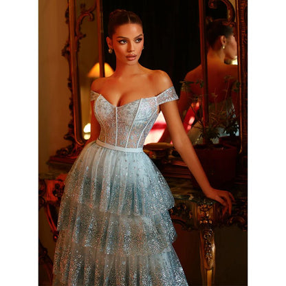 NumberSea - A Line Sweetheart Tulle Tiered Long Prom Formal Dresses