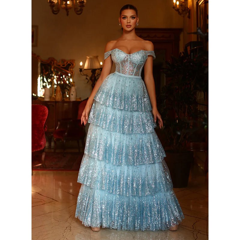 NumberSea - A Line Sweetheart Tulle Tiered Long Prom Formal Dresses