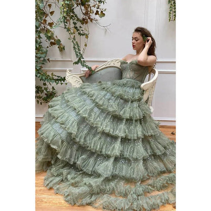 NumberSea - A - line Sweetheart Tulle Tiered Long Senior Formal Evening Gowns Prom Dress